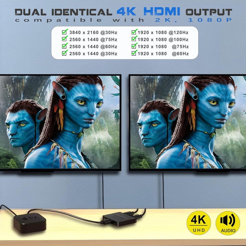 Mindorlen 4K HDMI Splitter 1 in 2 Out Mirror Display Not Expand, Dual HDMI Splitter Hub to Dual Monitors Multi-Scree Displays Audio Synchronization, Compatible for MacBook Laptop Desktop PC Graphics Card TV - Image 4